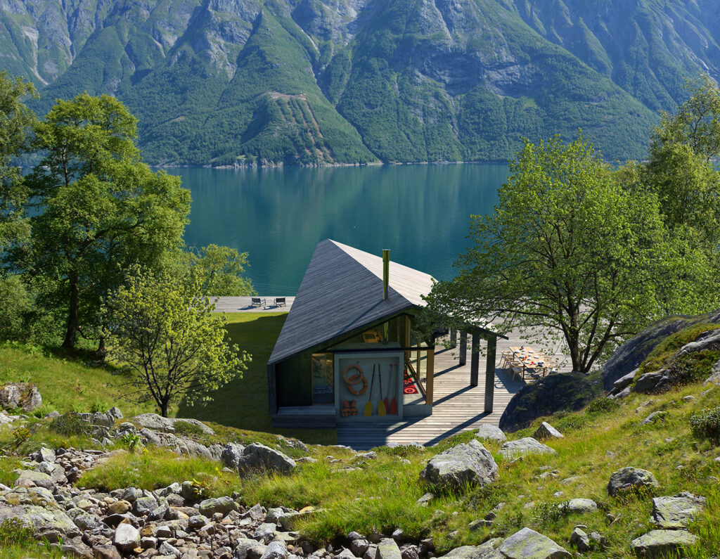 «Gapahuk fra Rindalshytter, utviklet i samarbeid med Snøhetta»  Illustrasjon: MIR 