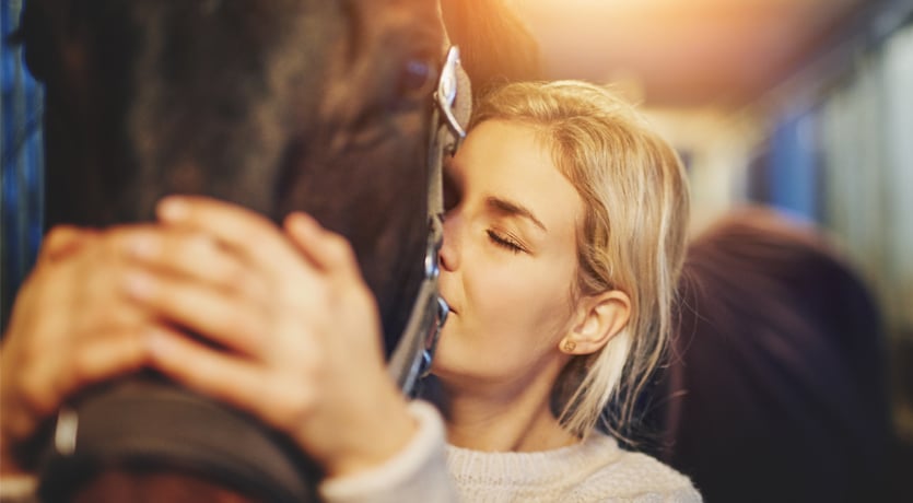 Hest og eier som koser